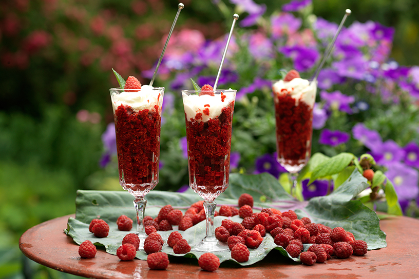 Frambozenwaterijs in glazen met slagroom